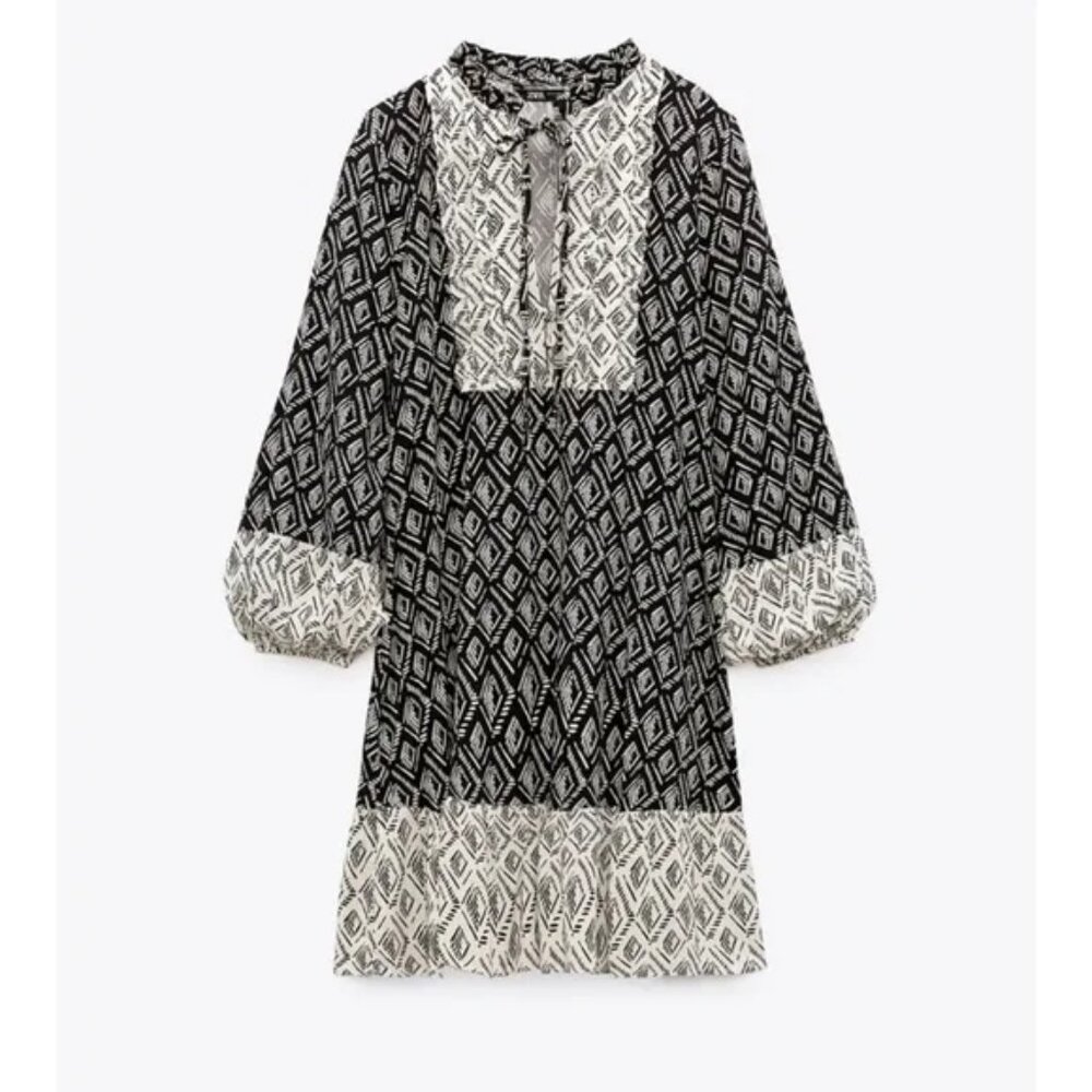 Zara Patchwork Geo Contrast Print Bohemian Mini Dress Size M NWT